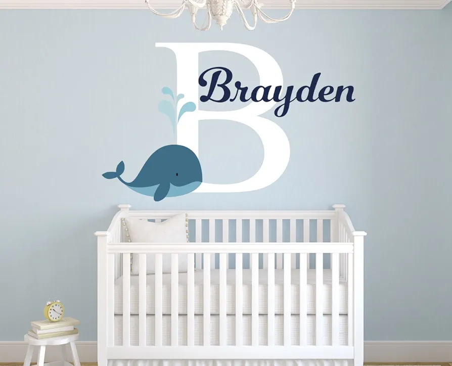 Personalized Whale Name Wall Decal for Boys - Nursery Room Decor - Nursery Nautical Wall Decals - Nautical Wall Decor Vinyl (36"W x 22"H)