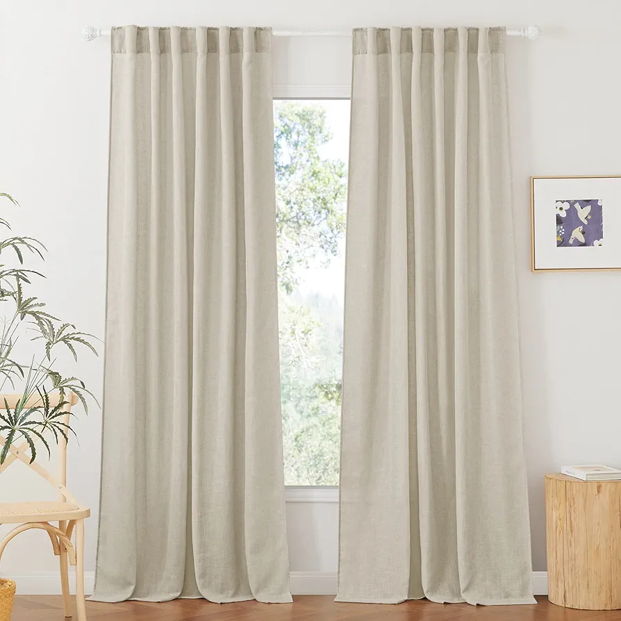 RYB HOME Linen Curtains for Bedroom - Light Airy Semi Sheer Curtains Large Window Decor for Living Room Sun Room Sliding Glass Door, Angora, 52 inch Wide x 84 inch Long, 1 Pair