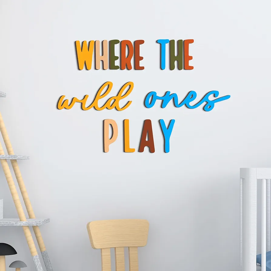 14 Pcs Playroom Wall Decor Where the Wild Ones Play Nursery Sign Colorful Playroom Decor Wooden Wall Art Decoration Bedroom Word Sign for Kids Toddler Toy Room Boys and Girls Home Kindergarten