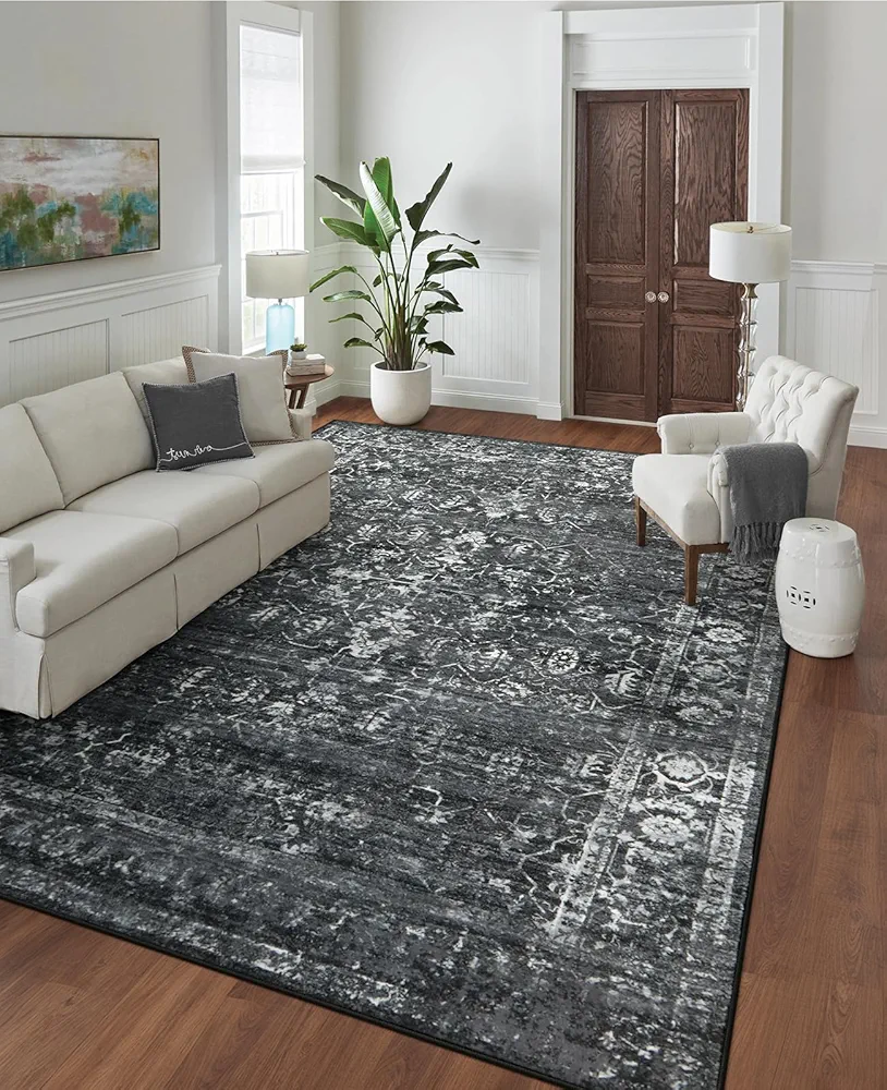 Vintage Black Living Room Rug, Machine Washable Area Rugs 8x10 for Bedroom, Non-Slip Soft Distressed Floral Extra Large Carpet for Indoor Floor Dining Room Playroom Home Office