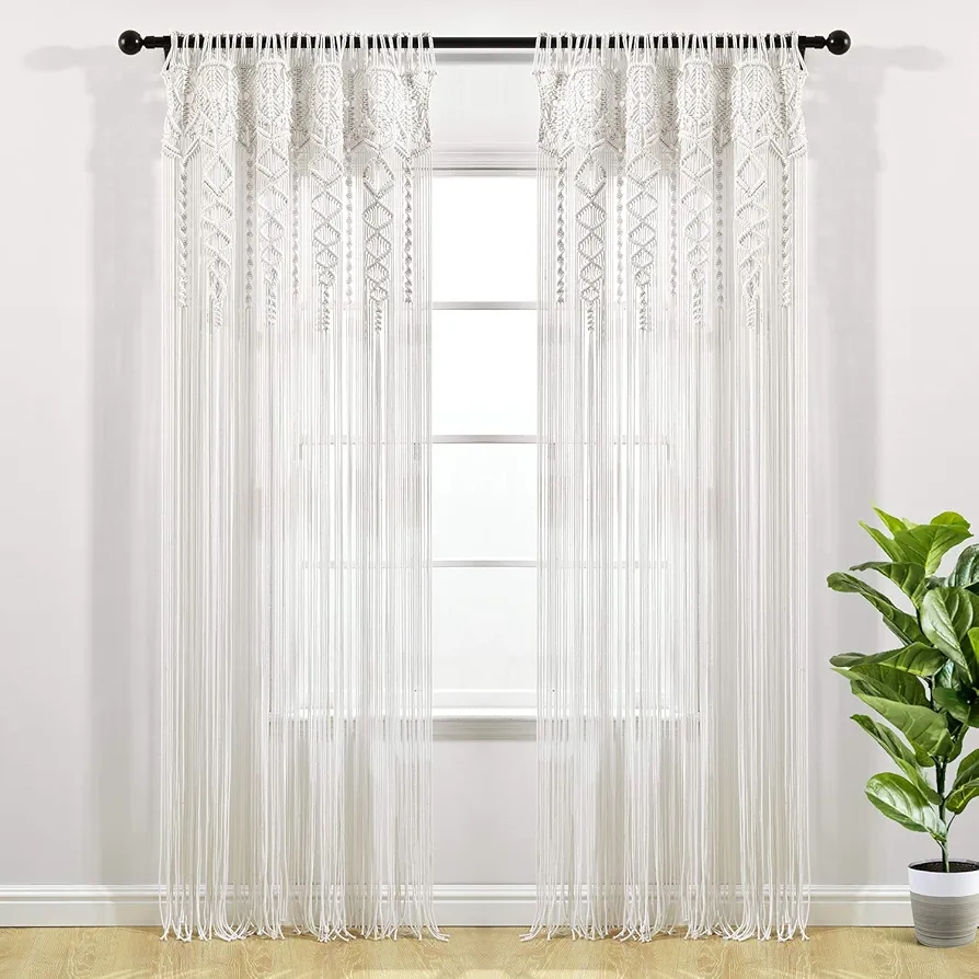 Lush Decor Boho Macrame Textured Cotton Window Curtain Panel, Single Panel, 40" W x 95" L, White - Doorway Curtain - Room Divider, Wedding Or Wall Decor - Boho Curtain - Macrame Curtains for Windows