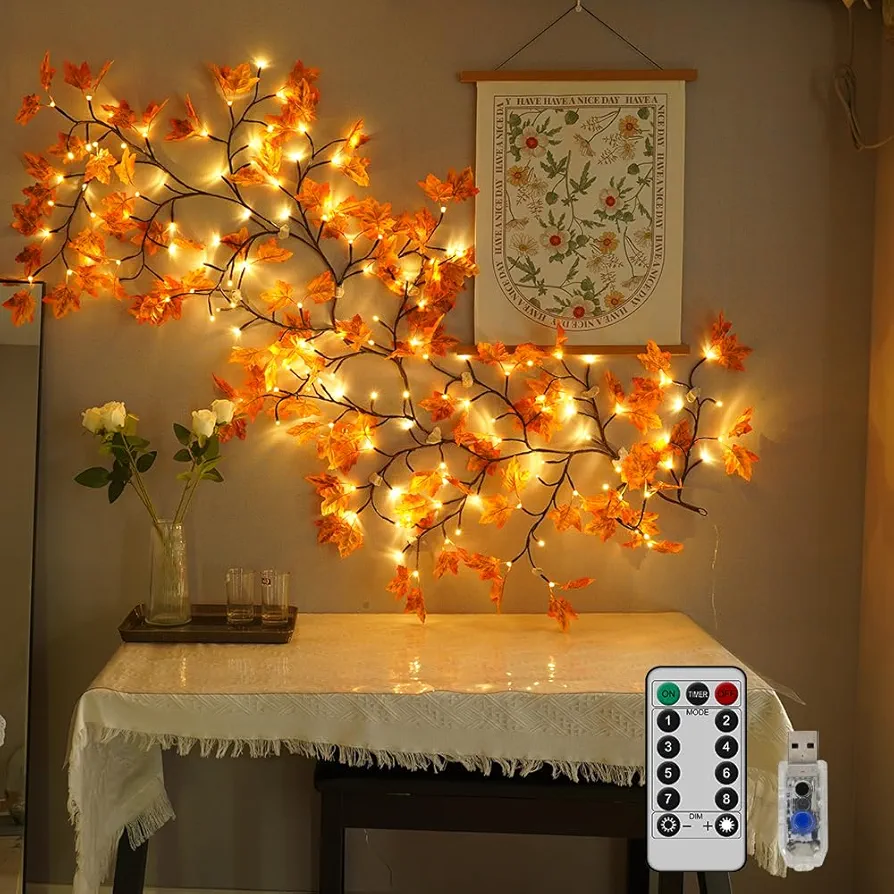 Enchanted Vines for Home Decor, Birch Fall Garland Christmas Decor with Maple Leave, 144 LED 6FT 8 Modes Indoor Decor Artificial Plants Tree Lights Walls Bedroom Living Room