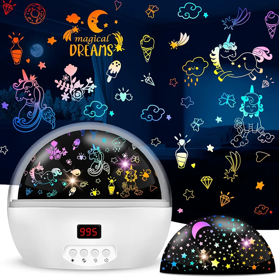 Unicorn Projector Night Light for 2-10 Year Old Girls, Cute Unicorn and Star Projection Night Light for Kids with Autism, Suitable for Birthday or Holiday Gift for Kids Bedroom Night Lamp(White)