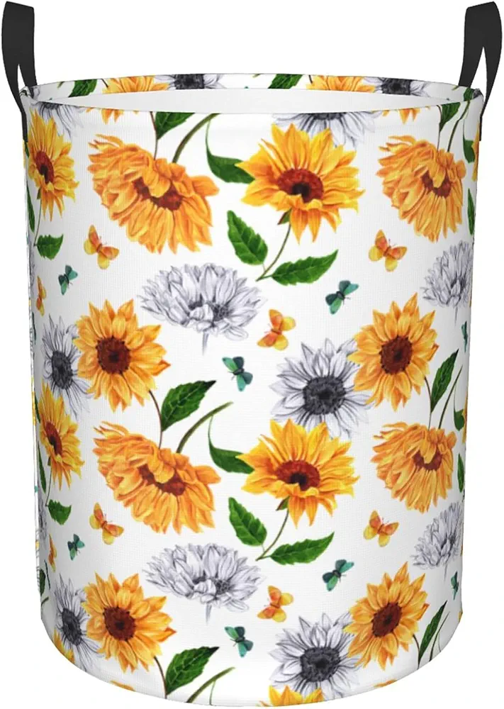 Sunflower Laundry Basket, Butterflies Large Laundry Hamper with Handle Foldable, Oxford Fabric Colorful Storage Basket for Bathroom/Laundry Room/Bedroom Clothes Storage Bucket Toy Storage Boxes