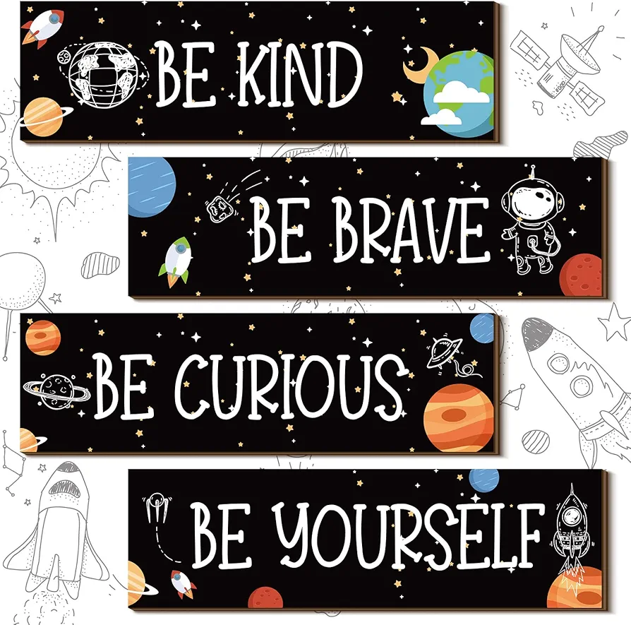 4 PCS Space Themed Bedroom Decor Inspirational Wall Art Decor Motivational Hanging Plaque Sign Outer Space Room Decor Outer Space Nursery Decor for Boys Kids Playroom Classroom Decor (Black)