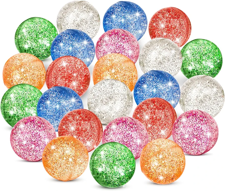 Hxezoc 24 Pcs Glitter Bouncy Balls for Kids, 32mm 6 Colors Rubber Bounce Balls Bulk for Party Favors, Goodie Bag Fillers, Easter Gift Bag Stuffers, Basket Stuffers, Classroom Prizes