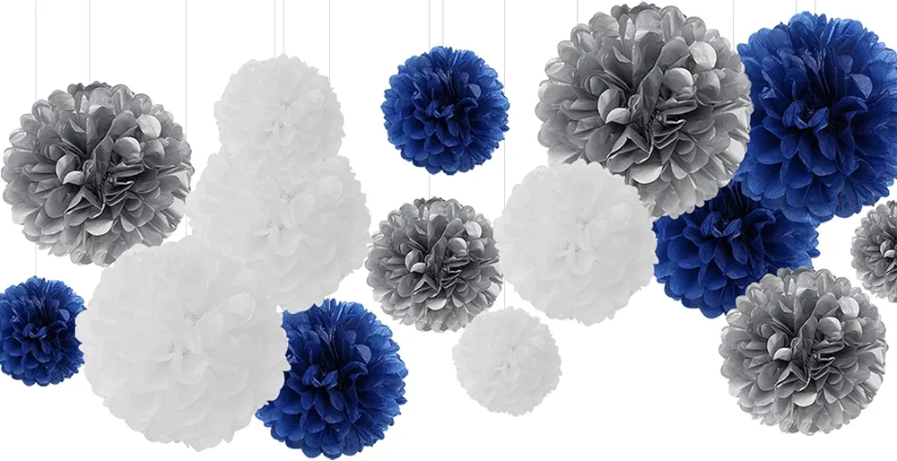 Tissue Paper Pom-Poms Party Decorations - 15pcs 5 Size Navy Blue White Silver Paper Flowers,Graduation Wedding Baby Bridal Shower Room Hanging Decorations Boy Birthday Party Backdrop Decor Panduola