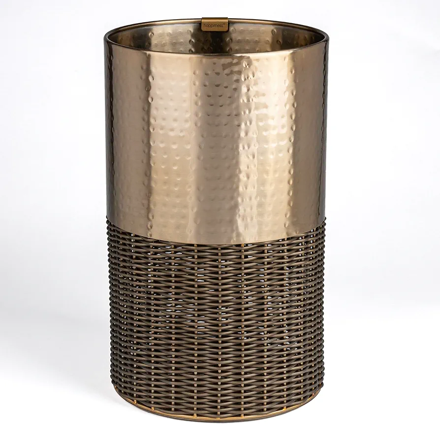 happimess HPM1102A Asher Modern 4.13-Gallon 2-Tone Faux Wicker/Metal Cylinder Waste Basket, Bronze/Coffee for Home, Bathroom, Living Room, Office, Bedroom, Kitchen