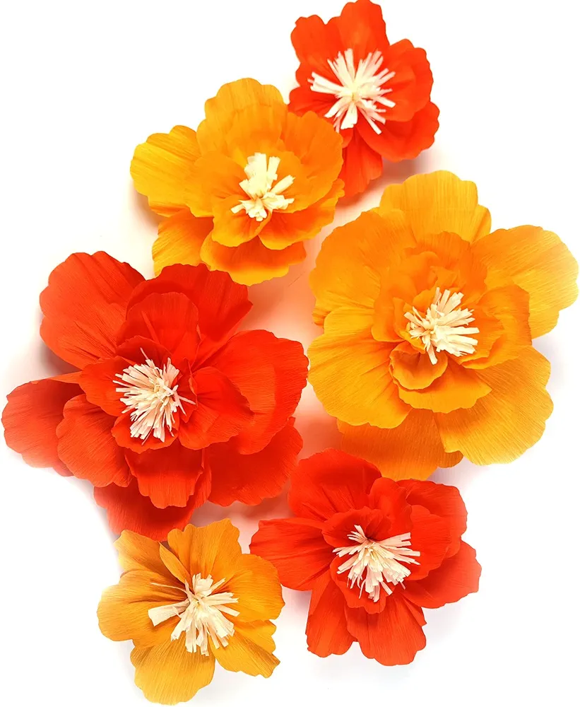 Crepe Paper Flowers for Birthday Party Floral Backdrop Nursery Room Decoration Pack of 6 (Oranges)