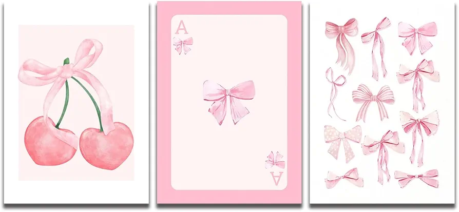 Generic Trendy Pink Bows Wall Art Set of 3, Preppy poster, College Apartment Decor, Watercolor Bows Print, coquette room decor, Girly Wall Art(12x16inchs，Unframed)