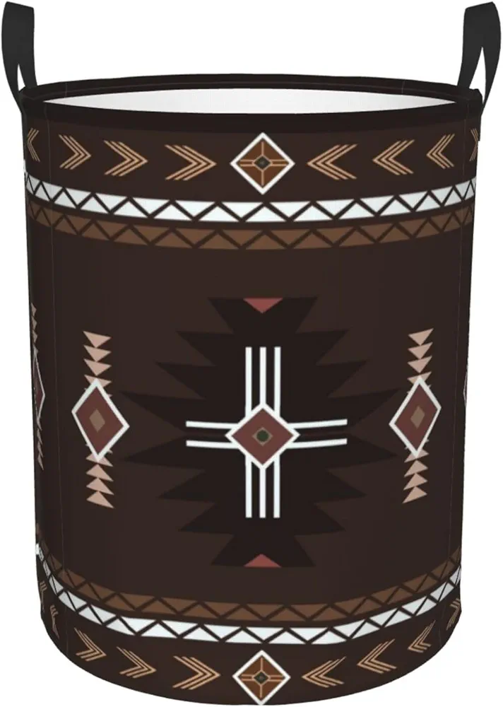 Native American Ethnic Boho Brown Aztec Laundry Basket Waterproof Collapsible Laundry Hamper with Durable Handle Circular Storage Basket Dirty Clothes Bag for Household Bedroom Bathroom Living Room