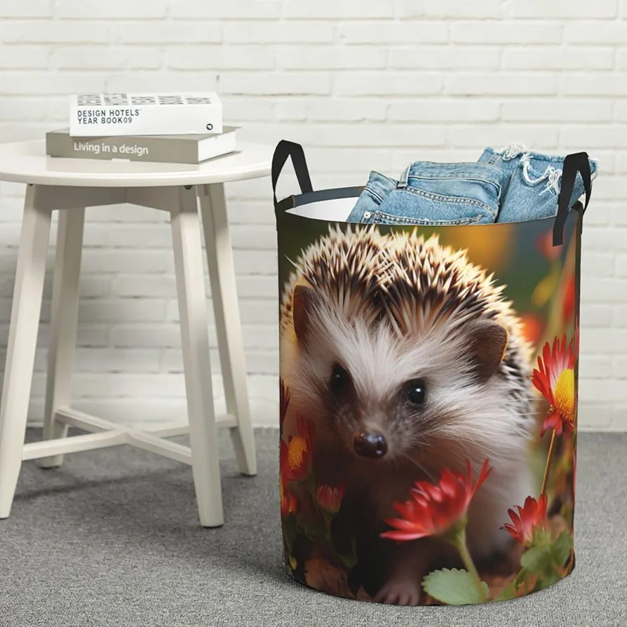 Laundry Basket Waterproof Laundry Hamper With Handles Dirty Clothes Organizer Cute Hedgehog Flower Print Protable Foldable Storage Bin Bag For Living Room Bedroom Playroom, Small, Black