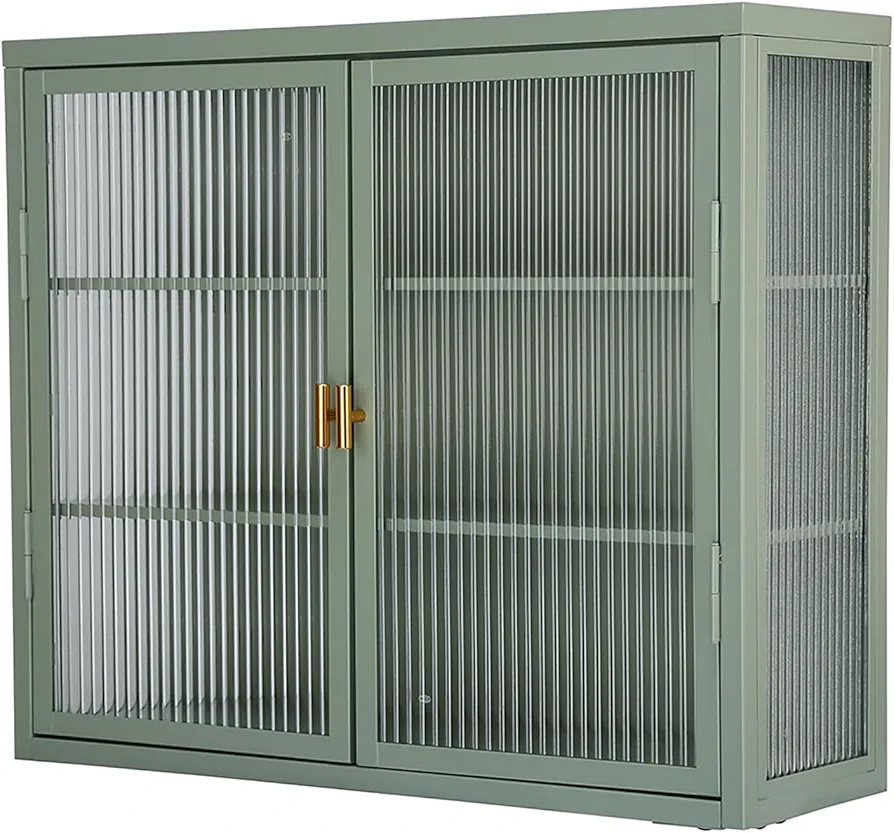 Double Glass Door Wall Cabinet, 27.6" Bathroom Wall Cabinet with 2 Glass Doors, Retro Style Double Glass Door Wall Cabinet with Detachable Shelves, Metal Storage Cabinet for Dining Room Mint Green