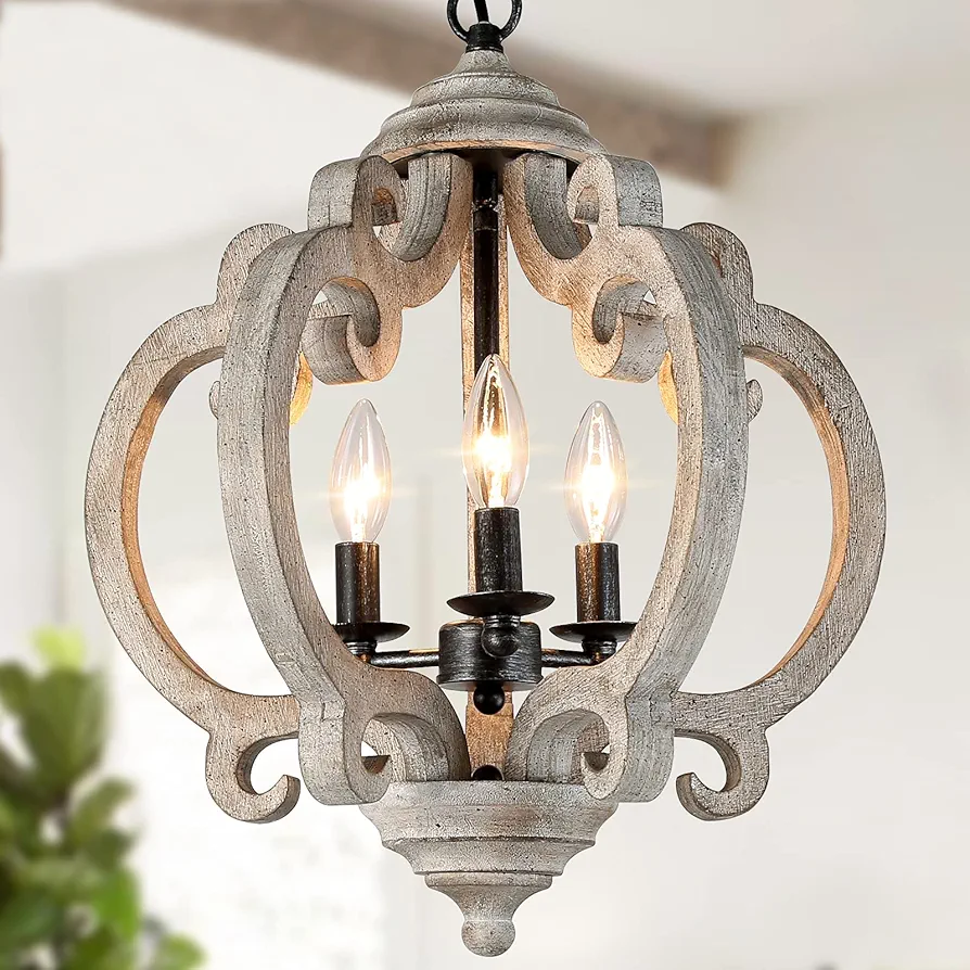 Farmhouse Chandelier for Dining Room, Wood Chandelier Light Fixture for Foyer, 15.5'' Dia