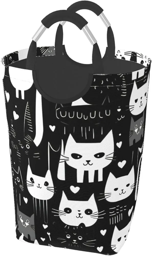 Collapsible Laundry Basket with Aluminum Handle, 50L Large Capacity Waterproof Black White Cute cats Pattern Dirty Clothes Hamper for Bedroom Bathroom Living Room