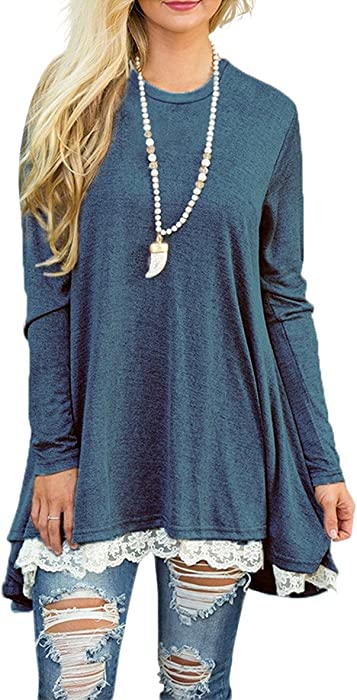 WEKILI Women's Tops Long Sleeve Lace Scoop Neck A-line Tunic Blouse