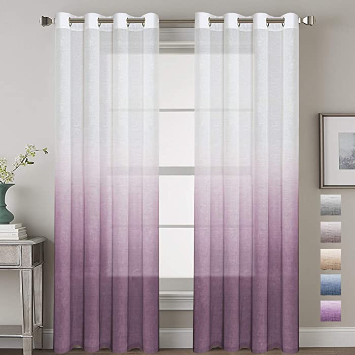 H.VERSAILTEX Ombre Semi Sheer Curtain Faux Linen Drapes with Tie-Back for Living Room, Nickel Grommet Top, 52 W X 84 L, Set of 2, Plum