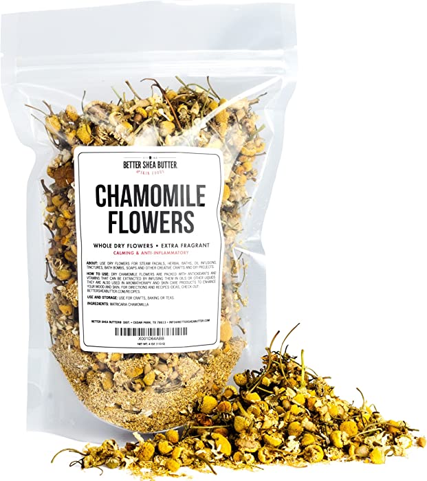 Whole Chamomile Flowers - Food Grade Dry Flowers for Loose Tea, Baking, DIY Sachets, Baths, & Oil Infusions for use in DIY Skincare in Recyclable Pouch by Better Shea Butter