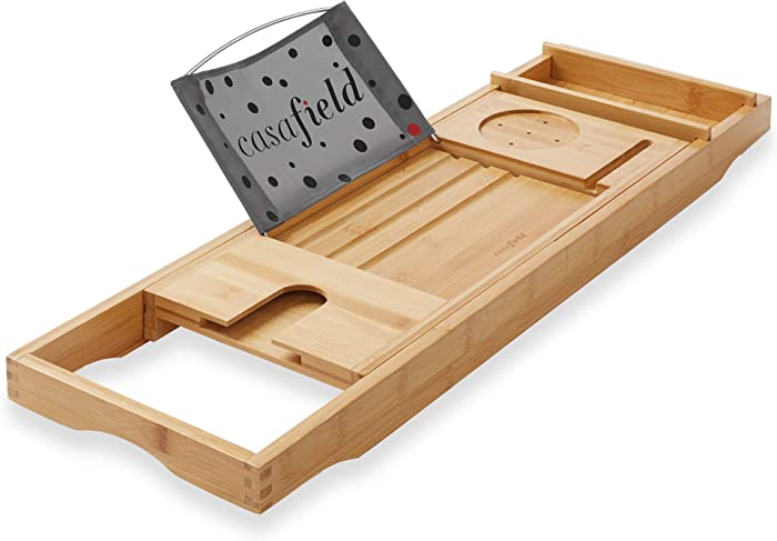 Casafield Bathtub Caddy - Bamboo Adjustable Bath Organizer for Tablet, Book, Phone, Wine Glass, Candles and Soap - Expandable Spa Tray Fits Most Tubs