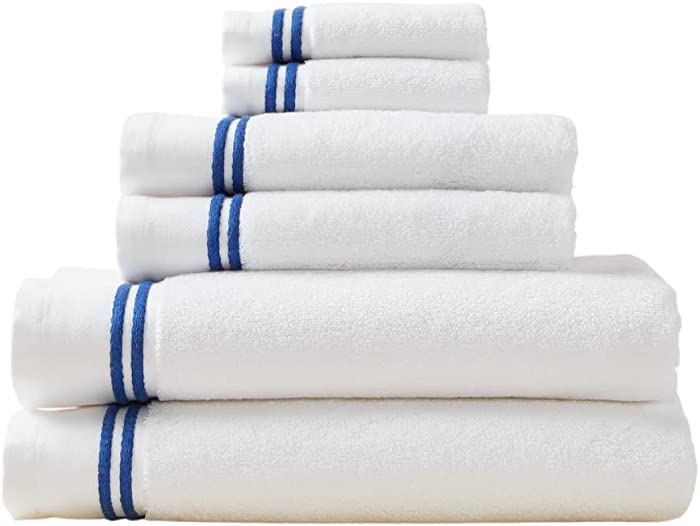 Malek Egyptian Cotton Towels - 6 Piece Set - 2 Bath Towels, 2 Hand Towels, 2 WashCloths - Super Soft 700 GSM Luxury Bath Towels - Absorbent Cotton Bathroom Towels - White with Double Blue Stripe