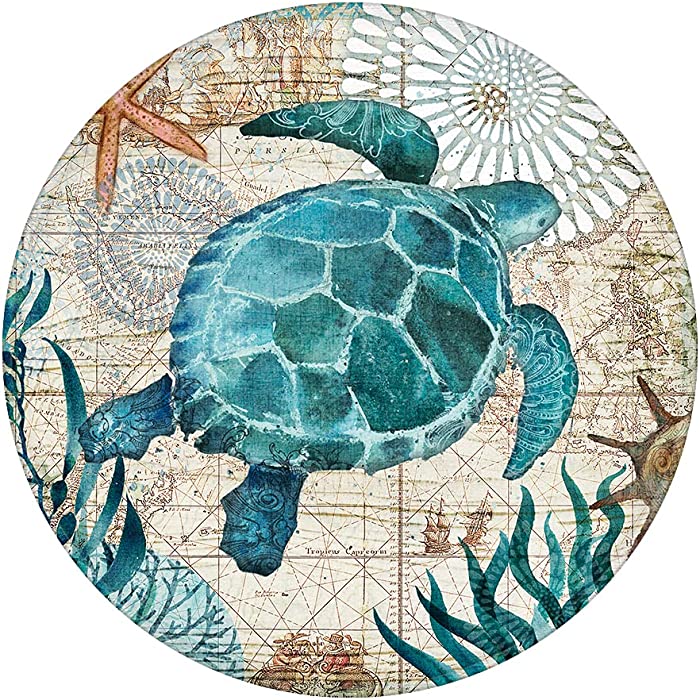 Uphome Round Bathroom Rugs 2-ft Sea Turle Foam Bath Mat Non Slip Flannel Coastal Navigation Map Bath Rug for Shower Floors, Summer Ocean Life Bathroom Decorations