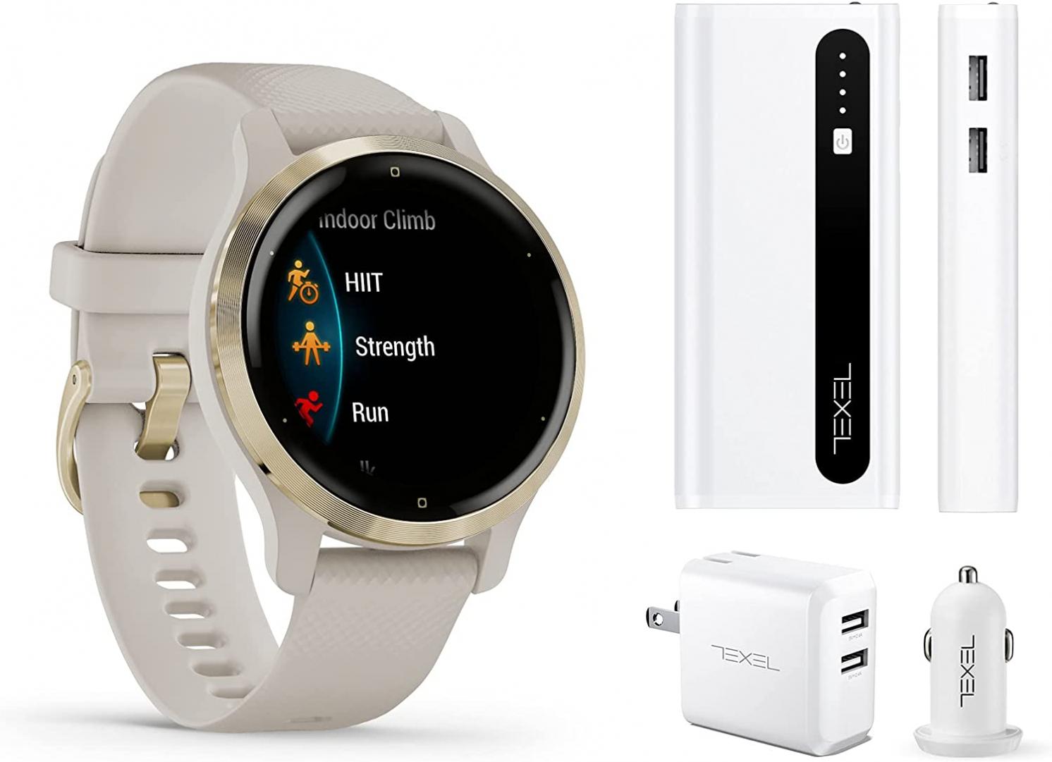 Garmin Venu 2S, GPS Smartwatch with Advanced Health Monitoring, Light Sand with Light Gold Hardware, (010-02429-01) with Texel 10,000mAh Portable Battery Pack, Wall and Car Charger Bundle