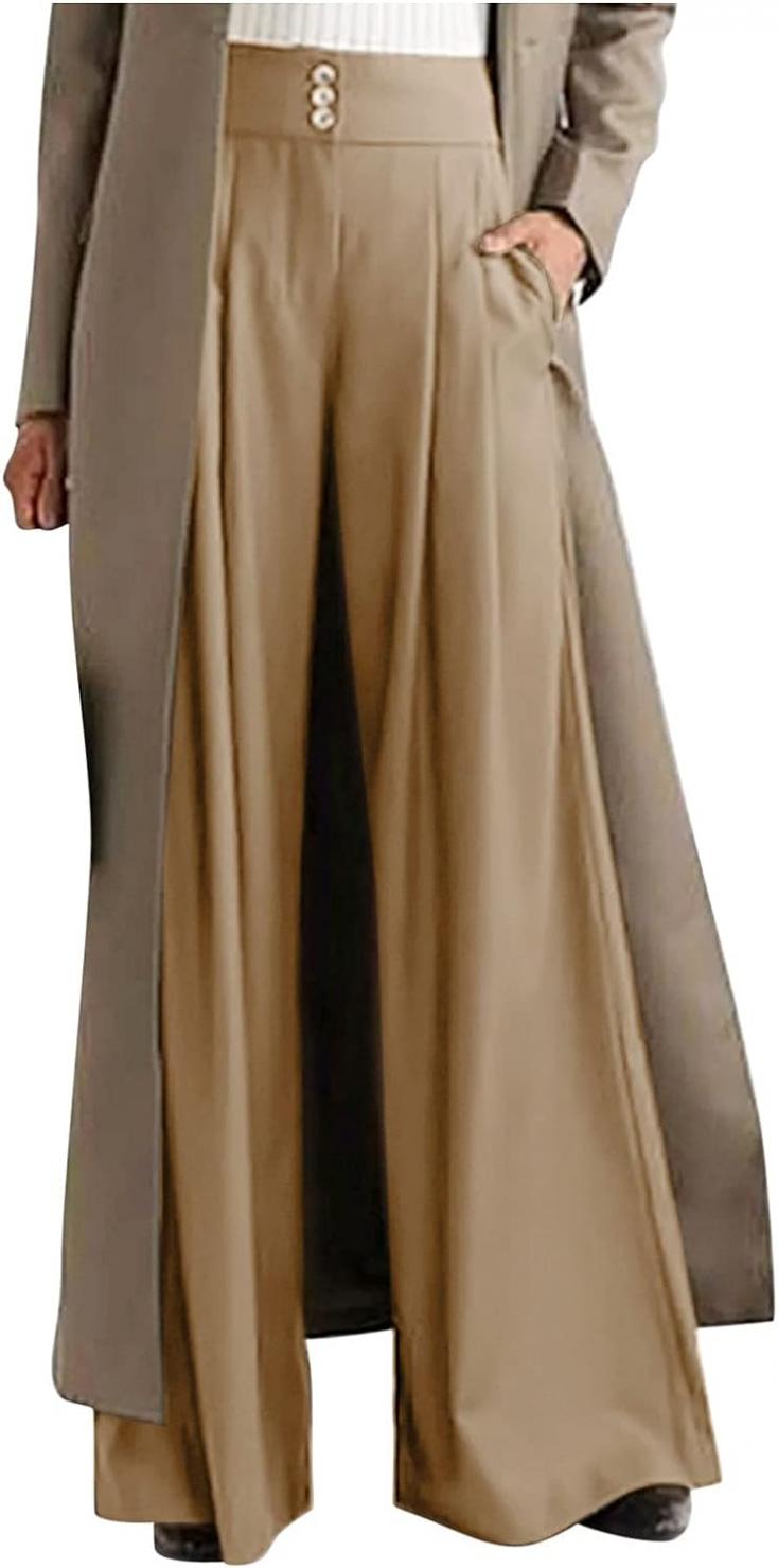 SMIDOW Women High Waisted Palazzo Pants Plus Size Dressy Casual Wide Leg Pant Pleated Flowy Loose Long Trousers with Pockets