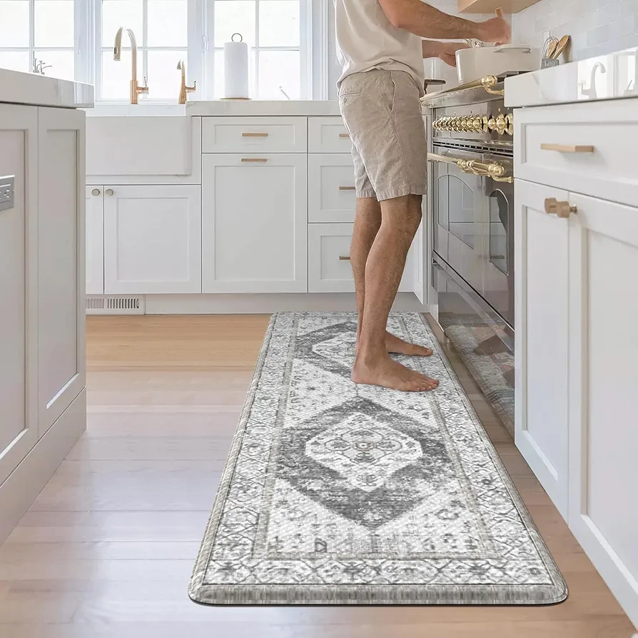 KIMODE Kitchen Runner Rug,17.3" x 59" Farmhouse Anti Fatigue Kitchen Mats for Floor Cushioned,Non-Slip Waterproof Comfort Thick Kitchen Floor Standing Mat for Front Sink,Laundry Room,Grey