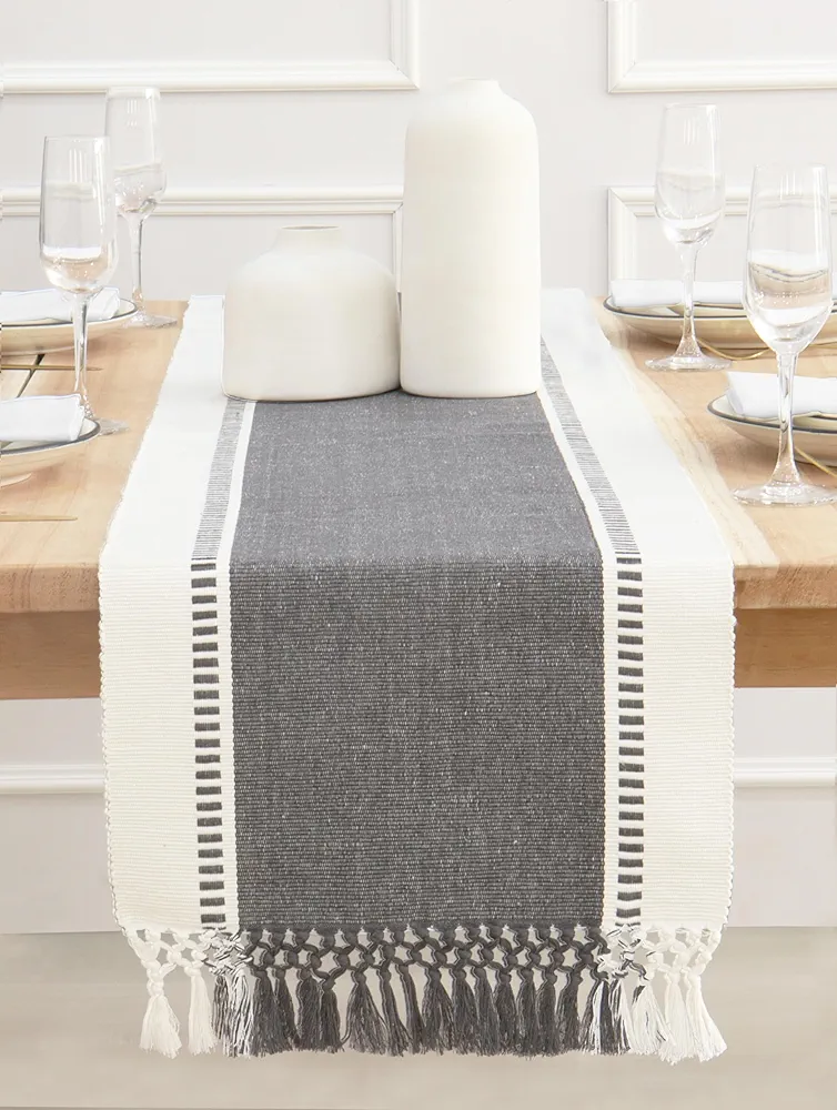 Dobby Stripe Woven Table Runner Ribbed Summer Farmhouse Dining Room, 14x72 (14x77.5, Fringe Included) (Dark Gray, 14 X 72 Inch)