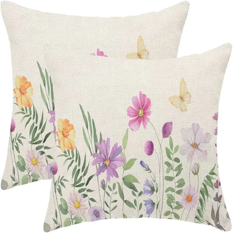 Spring Pillow Covers 16 X 16 Inch Set of 2, Farmhouse Flower Plant Throw Pillow Covers Outdoor Spring Rustic Decorative Cushion Case for Couch Home Sofa Living Room