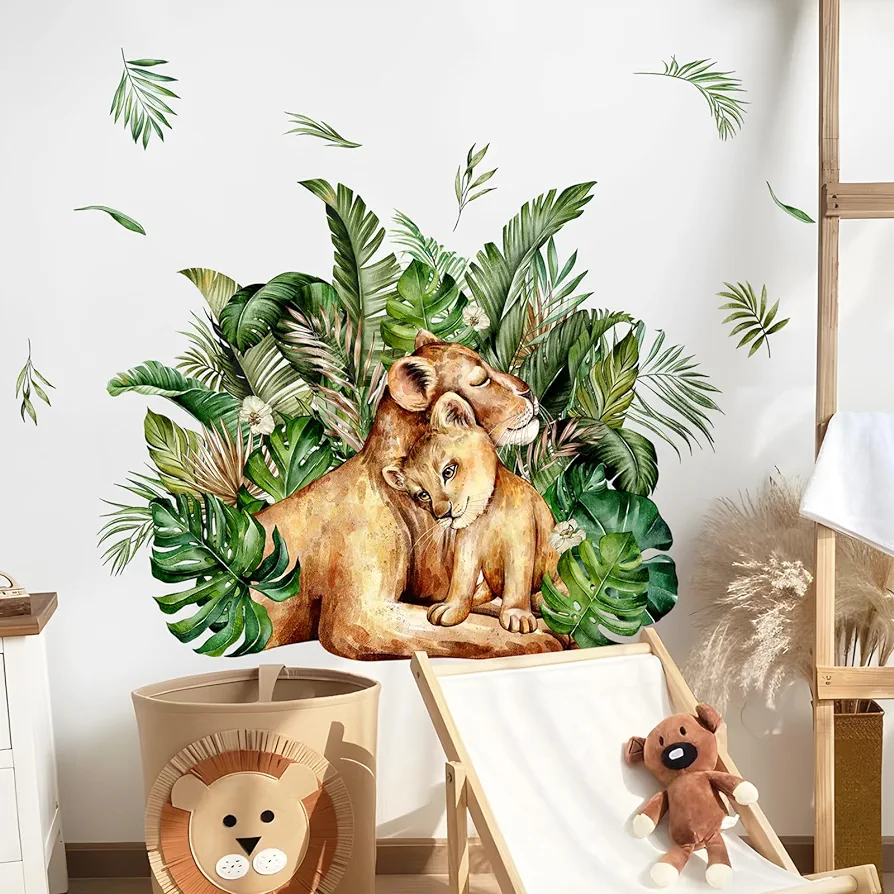 Supzone Jungle Animal Leopard Wall Decals Tropical Leaves Leopard Mother and Cubs Wall Stickers, Safari Animals Peel and Stick Vinyl Wall Art Decor for Kids Nursery Bedroom Playroom Living Room