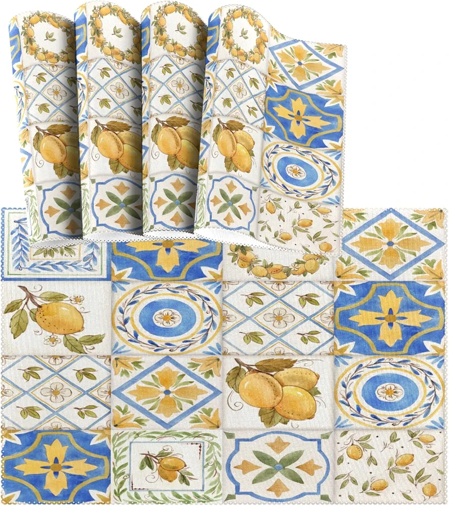 visesunny Placemat Table Mat Desktop Decoration Ornament Square Pattern Lemon Sicily Yellow Blue Print Placemats Set of 4 Non Slip Stain Heat Resistant for Dining Home Kitchen Dining Room Restaurant P