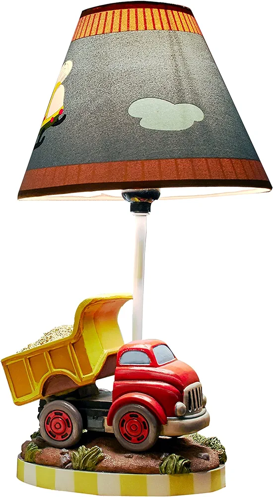 Fantasy Fields Kids Small Table Lamp, Truck Lamp, Car Lamp for Boys Room with Construction Truck Base & Helicopter Printed Shade, Transportation Themed