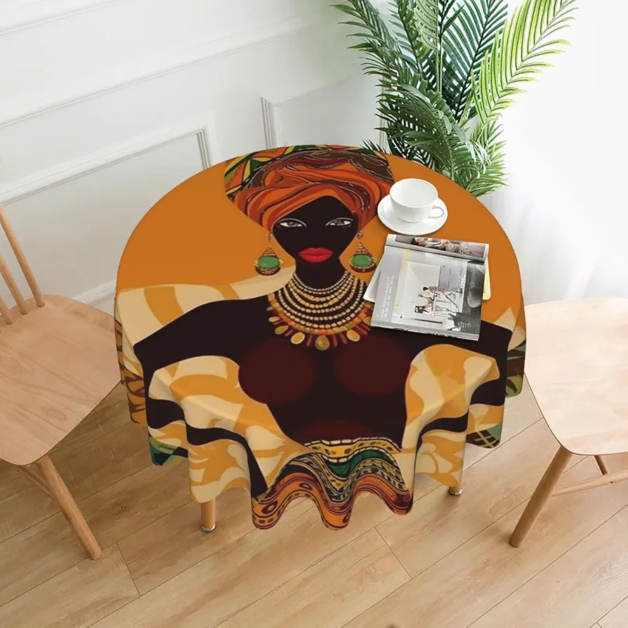 African Woman Print Tablecloth Waterproof Wrinkle Resistant Round Table Cover Washable Table Cloth for Indoor Outdoor Kitchen Dining Room Holiday Decorative 60 Inch