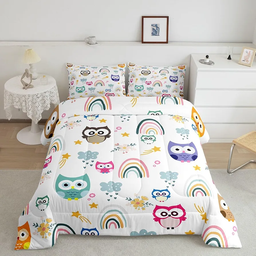 Feelyou Owl Comforter Set for Girls Boys Kids Full Size Rainbow Comforter Room Decorative Bird Decor Bedding Set Cloud Print White Duvet Set 3Pcs Quilt Set