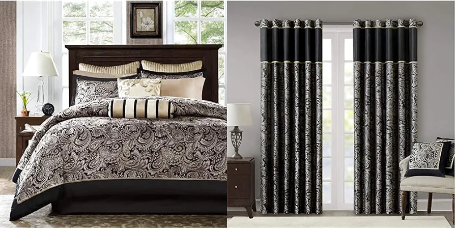 Madison Park Aubrey Bedding and Window Curtains Bundle (12 Pieces) | Black