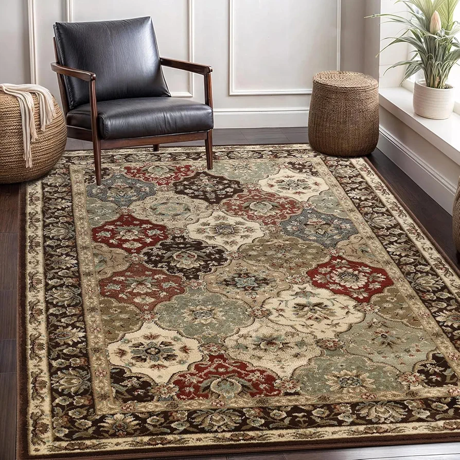 Superior Indoor Area Rug, Floor Decor, For Kids, Pets, Bedroom, Entryway, Hallway, Office, Living Room, Dining, Plush Carpet Cover, Traditional Floral Classic, Palmyra Collection, 12' x 15', Chocolate