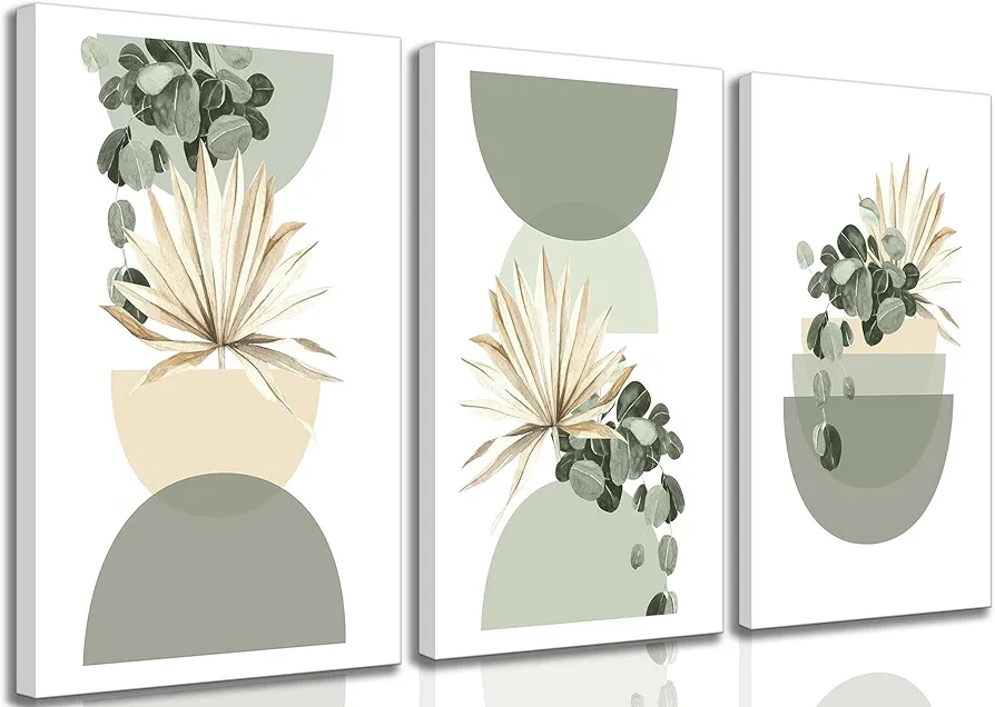 3 Pcs Framed Neutral Abstract Boho Canvas Wall Art Beige Sage Green Mid Century Modern Plants Bohemia Pictures Wall Decor Posters Prints for Bedroom Living Room Bathroom Office Home Decoration