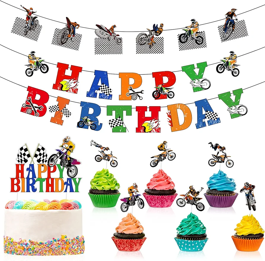 Zonon 20 Pieces Dirt Bike Birthday Decoration Dirt Bike Party Supplies Banner Cake Cupcake Topper for Motocross Themed Birthday Party Man or Boy Riding Room Wall Decoration (Chic Style)