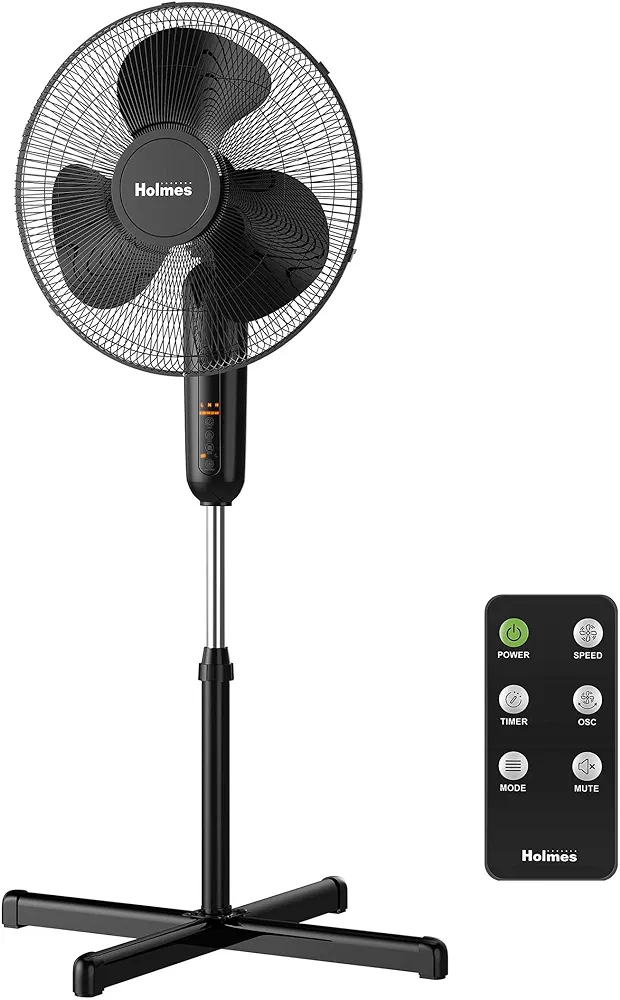 HOLMES 16" Digital Stand Fan, 80° Oscillation, 3 Speeds, 3 Modes, 7.5 Hour Timer, Adjustable Height, 30° Adjustable Head Tilt, Ideal for Home, Bedroom or Office, Remote Control, Black