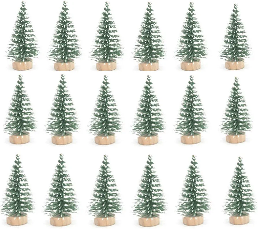 24pcs Mini Pine Sisal Snow Frost Trees with Wood Base Bottle Brush Trees Plastic Winter Snow Ornaments Tabletop Trees for DIY Room Decor Home Table Top Decoration