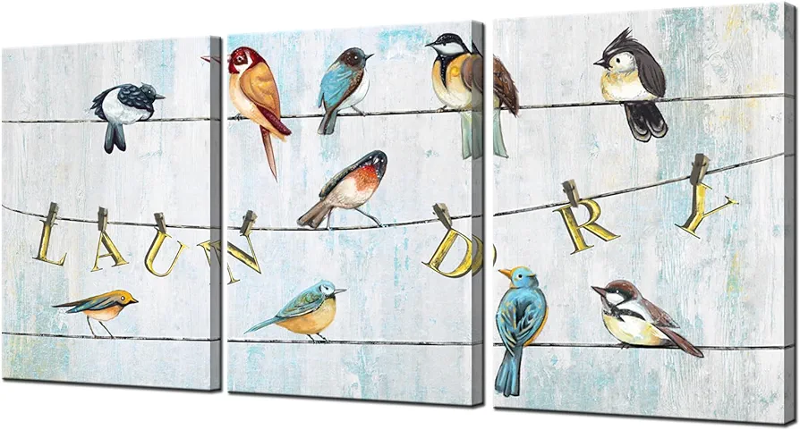 Biuteawal Bird Canvas Wall Art for Laundry Room 3 Pieces Teal Blue Wall Decor Animal Picture Framed Artwork Retro Painting Prints Home Bathroom Washroom Decorations Ready to Hang