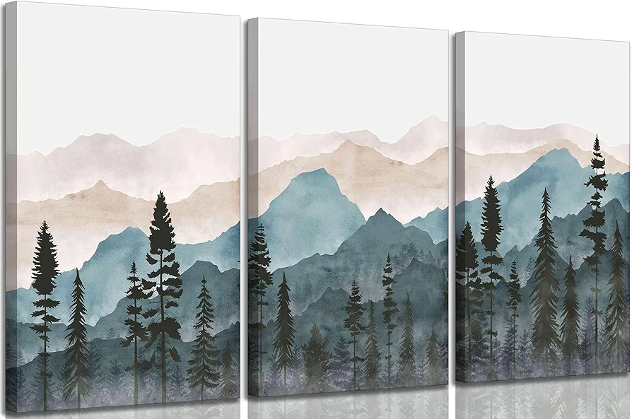 3 Pcs Framed Modern Mountain Abstract Canvas Wall art Nature Watercolor Foggy Pine Tree Forest Landscape Painting Picture Wall Decor Poster Print Artwork for Living Room Bedroom Home Decoration