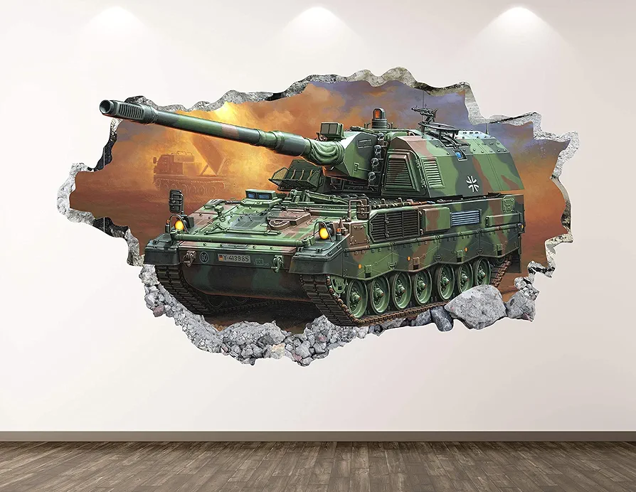 Military Tank Wall Decal Art Decor 3D Smashed Army Sticker Poster Kids Room Mural Custom Gift BL155 (22"W x 14"H)