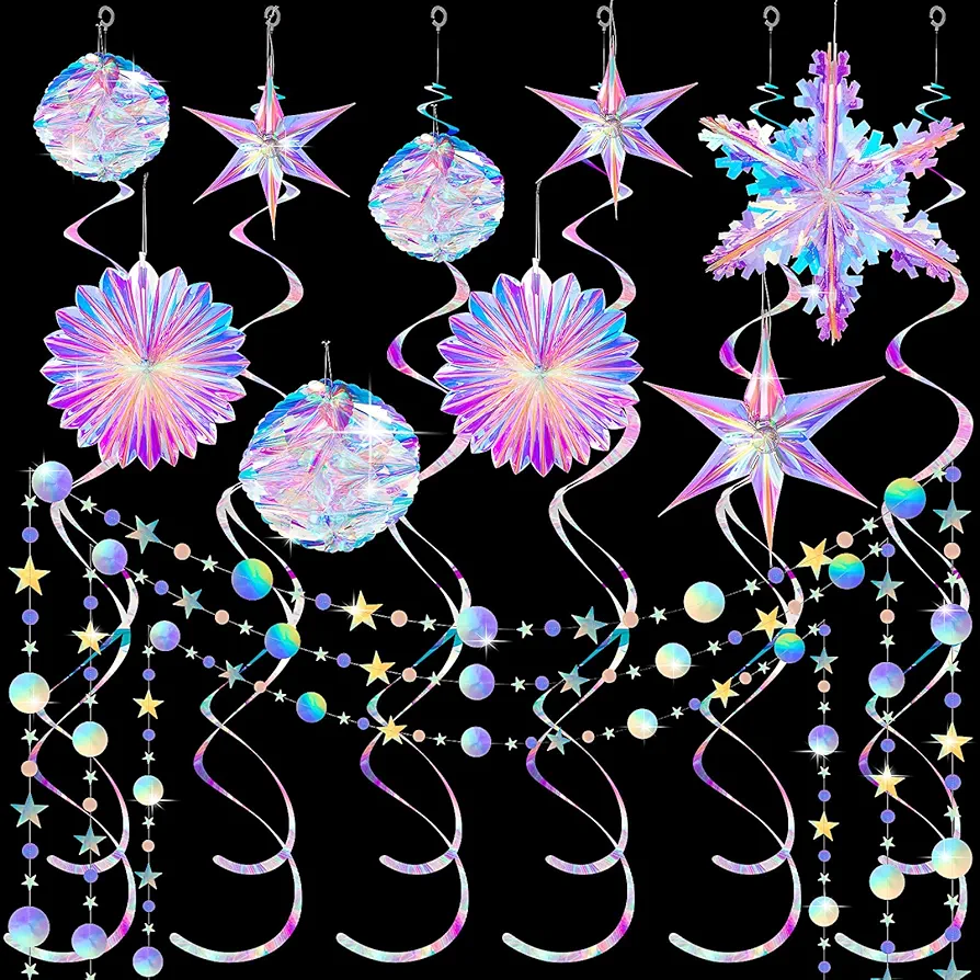 37 Pieces Home Iridescent Holographic Iridescent Party Supplies Kit Christmas Snowflake Hanging Honeycomb Ball Decorative Christmas Party Paper Fan Snowflake Garlands Star Hanging Swirl for Disco