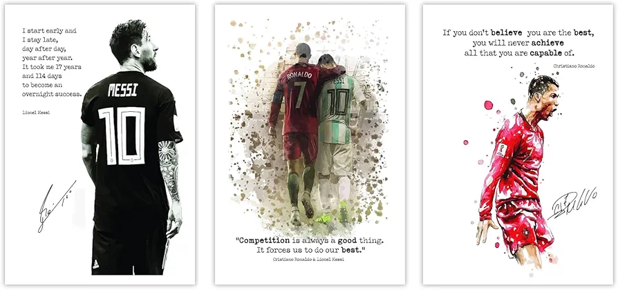 Generic Messi And Ronaldo Posters for Boys Bedroom Motivational Soccer Superstar Canvas Wall Art Set of 3 Sports Themed Wall Decor for Livingroom Fans Gift 8x12 inch Unframed