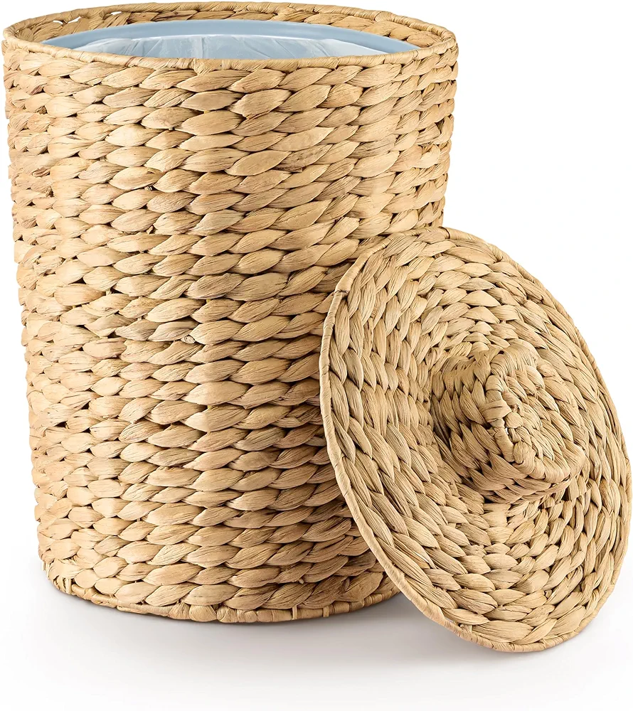 1.3 Gallons Wicker Waste Basket with Lid - Large Wicker Trash Can for Office - WasteBaskets for Bedroom, Bathroom, Kitchen, Living Room - Boho Handwoven Trash Cans for Garbage (Water Hyacinth)