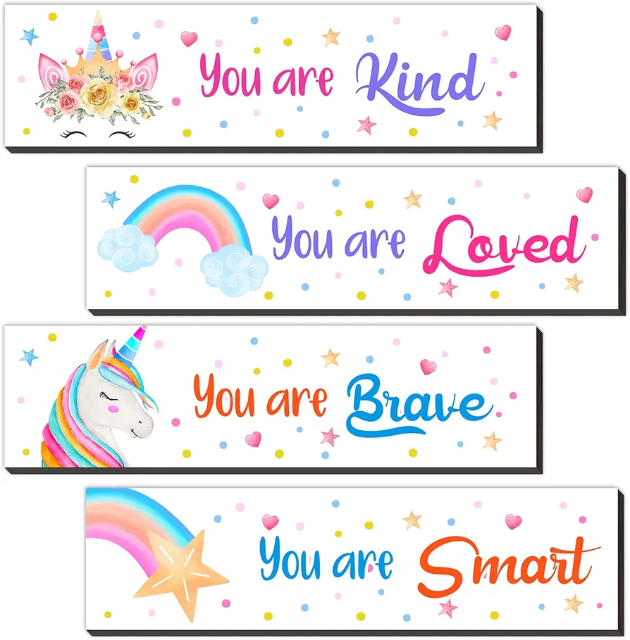 wuguimeii 4 Pieces Unicorn Wall Art Prints, Unicorn Rainbow Motivational Posters, Watercolor Unicorn Rainbow Posters for Girls Kids Bedroom Nursery Decorations