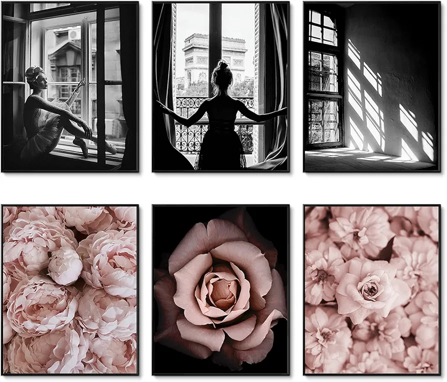 HoozGee Fashion Wall Art Prints Black and White Fashion Art Pink Roses Flower Wall Decor Floral Trendy Posters Prints Canvas Wall Pictures Bedroom Decor for Girls Room Decor (8"x10" UNFRAMED)