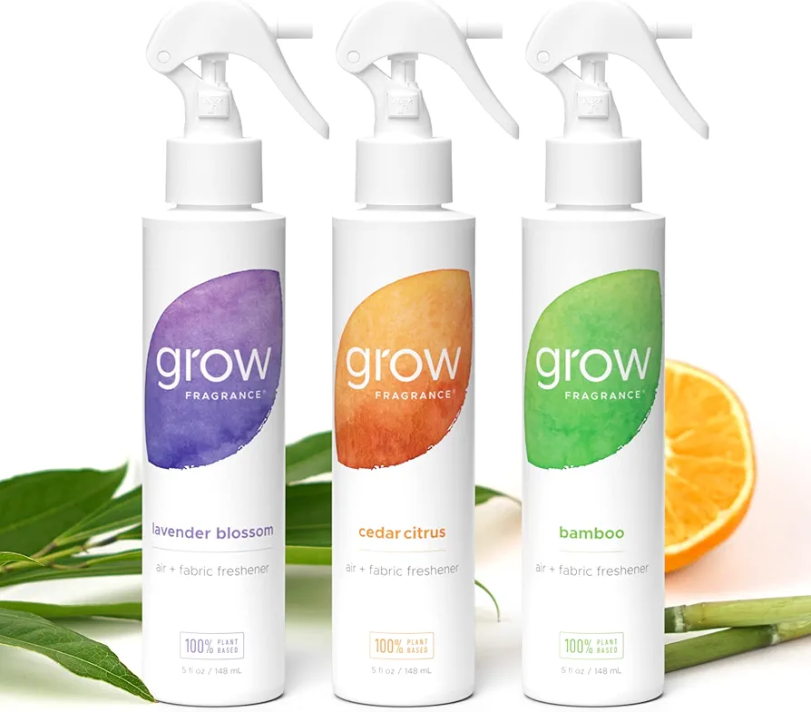 Grow Fragrance Scented Fabric and Room Air Freshener Spray - Certified Non-Toxic, 100% Plant-Based Essential Oils - 5 oz (Lav Blossom, Bamboo, Cedar Citrus 3-Pack)